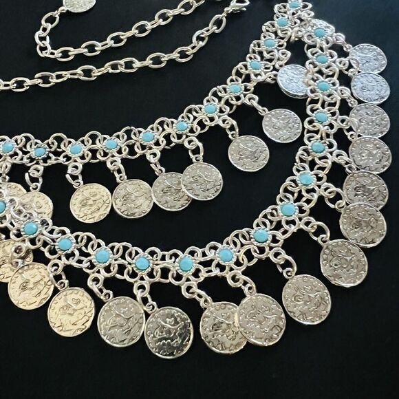 Lucky & Blessed Bohemian Floral Blue Silver Coin Layered Dangle Bib Necklace L&B - Picture 12 of 16